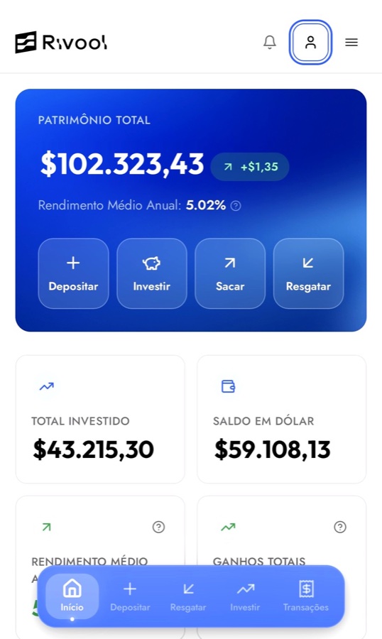 Do lado do cliente são quatro botões: Depositar, Investir, Sacar e Resgatar.