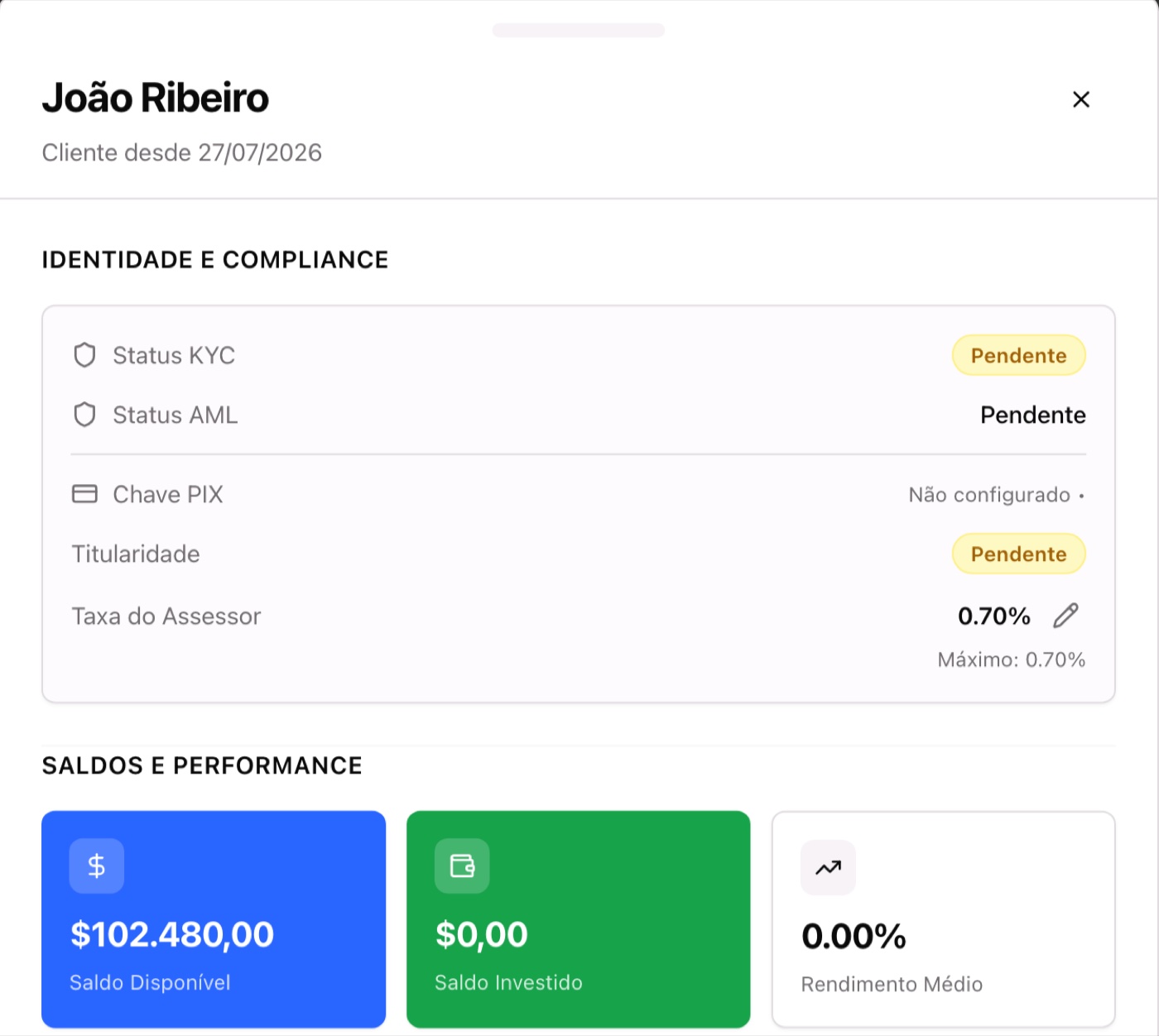 Ficha do cliente. Saldo Disponível é o dinheiro convertido e parado; Saldo Investido é o que está rendendo.